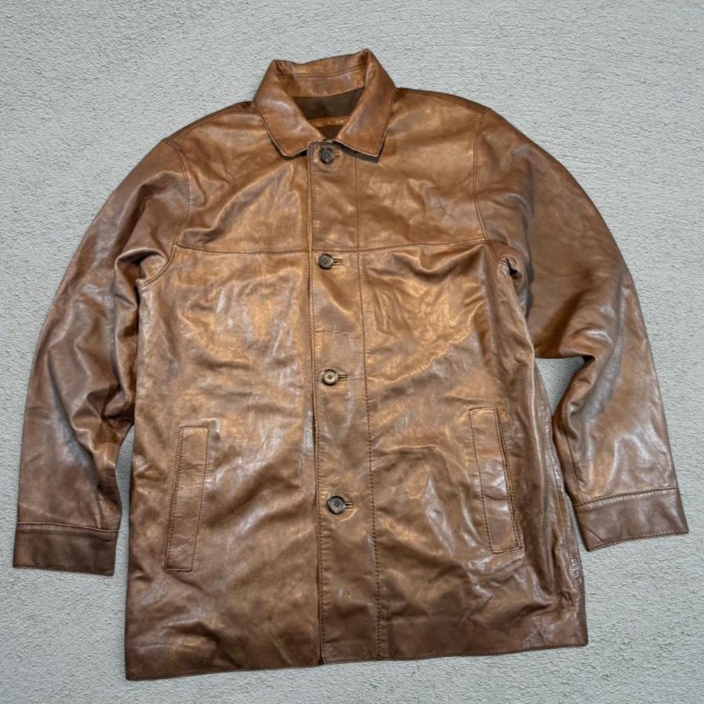 Andrew Marc Mens Brown Leather Jacket Button Front Car Coat Medium